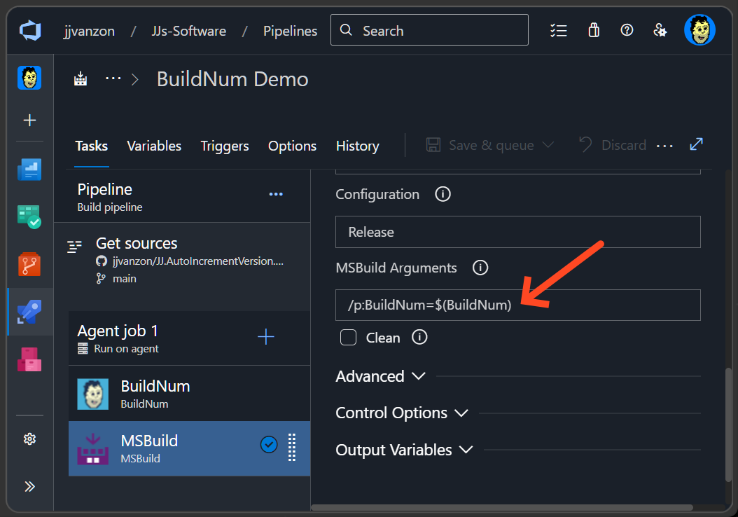 Screen shot of Azure DevOps classic pipeline GUI using BuildNum and MSBuild tasks. Arrow points to MSBuild task field with /p:BuildNum=$(BuildNum)